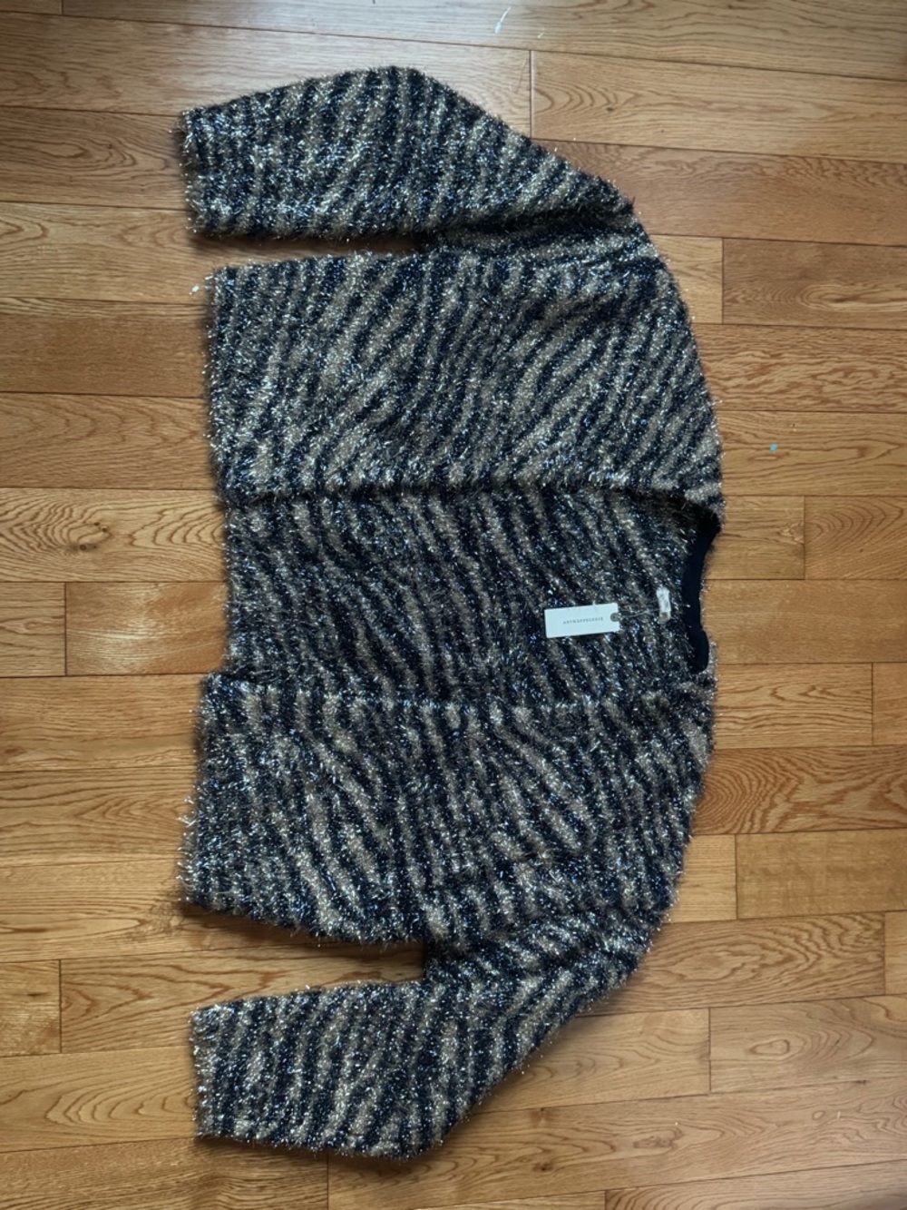 Anthropologie Metallic Black and Gold Zebra Print Fuzzy Cardigan